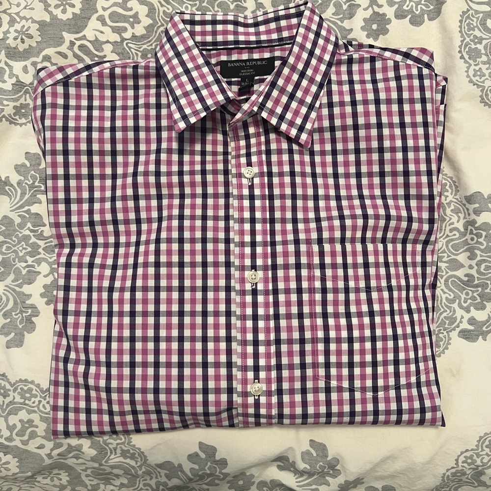 Banana Republic Purple Checkered Shirt Large 16.5/34-35